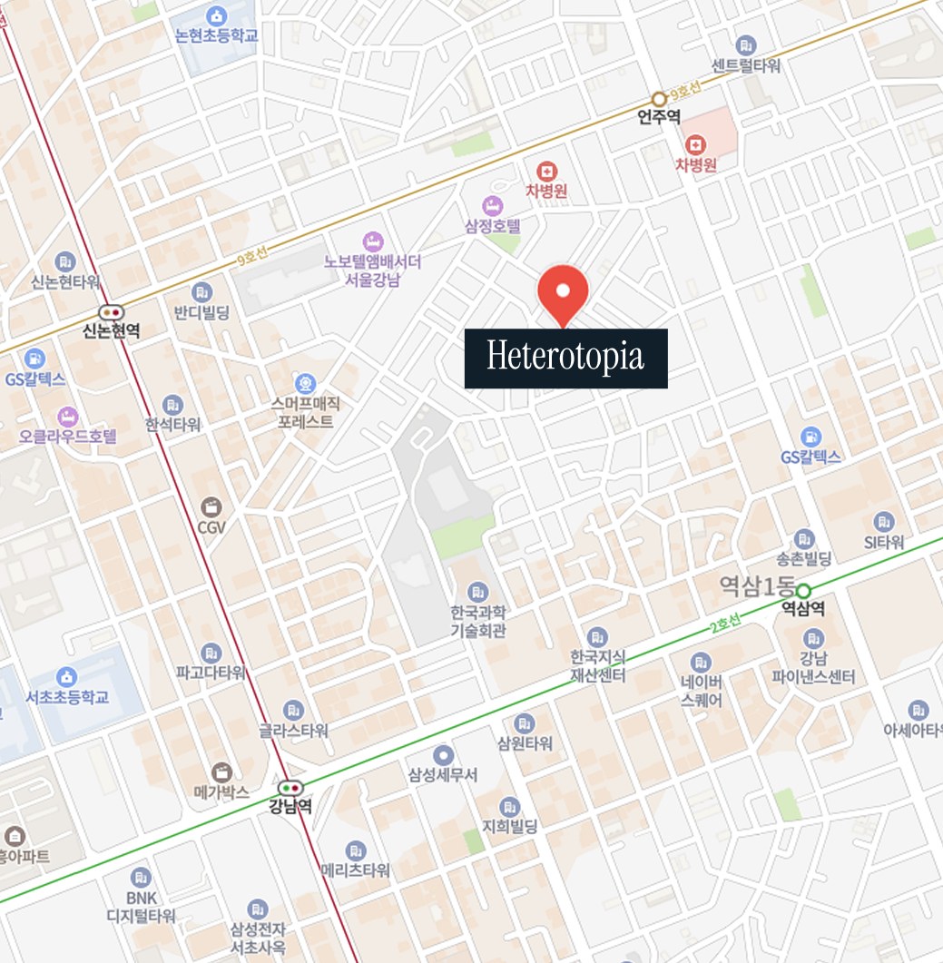 헤테로토피아 위치 지도 (강남역 · 역삼역 · 신논현역 · 언주역 사이)